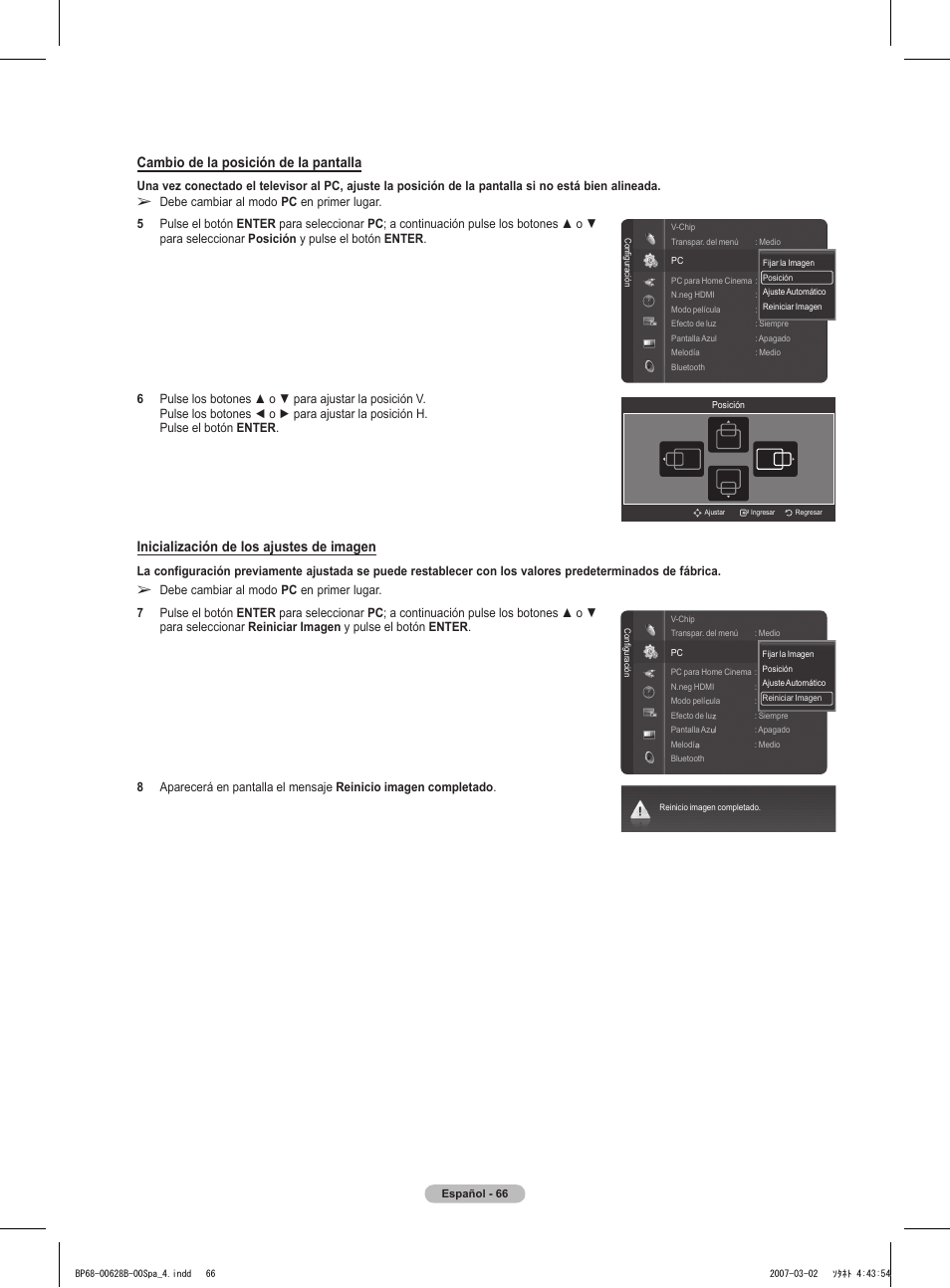 Cambio de la posición de la pantalla, Inicialización de los ajustes de imagen | Samsung HLT6189SAX-XAA User Manual | Page 248 / 271