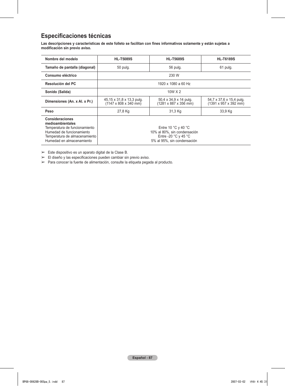 Especificaciones técnicas | Samsung HLT6189SAX-XAA User Manual | Page 269 / 271