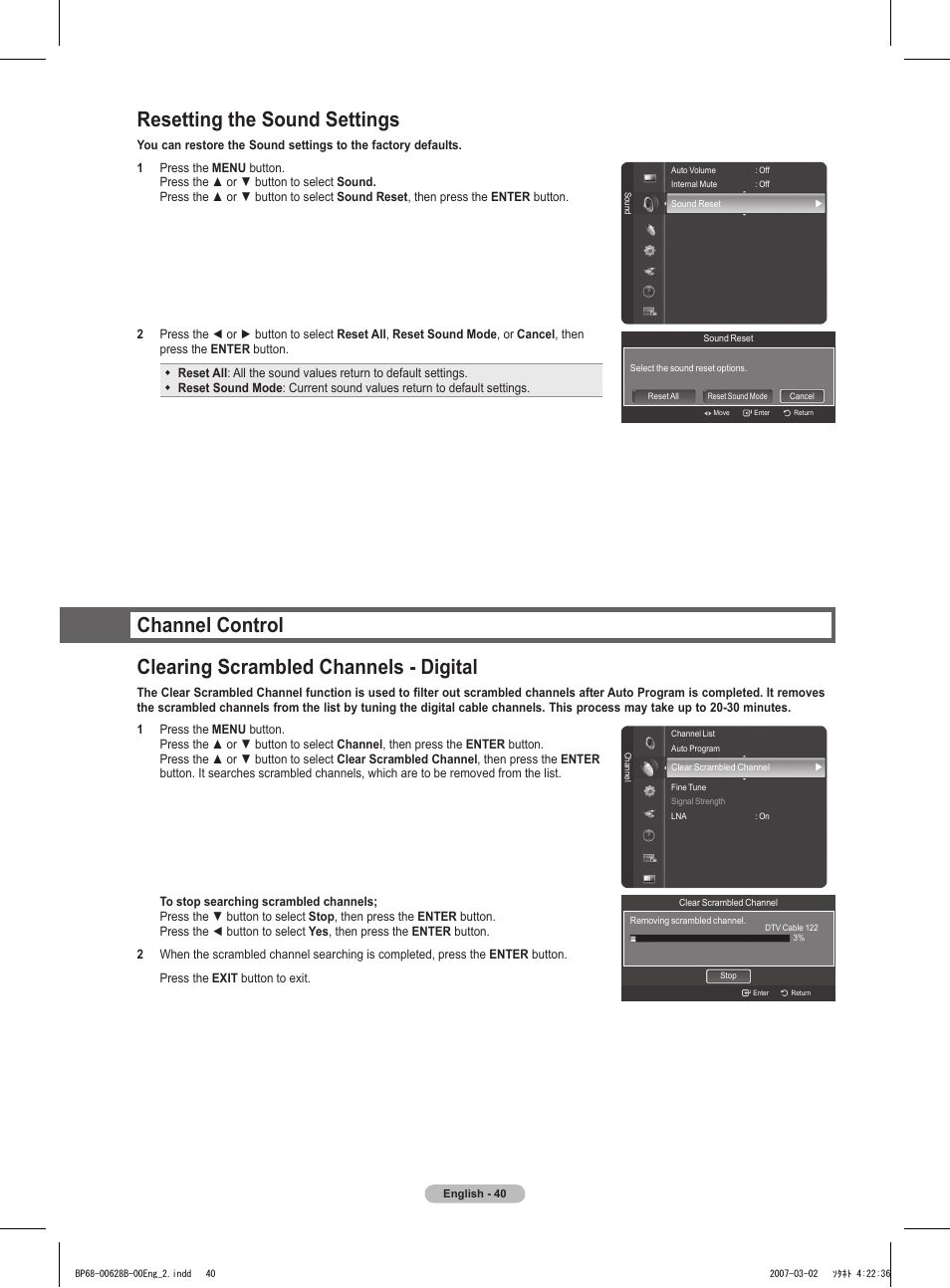 Resetting the sound settings, Channel control, Clearing scrambled channels - digital | Samsung HLT6189SAX-XAA User Manual | Page 40 / 271