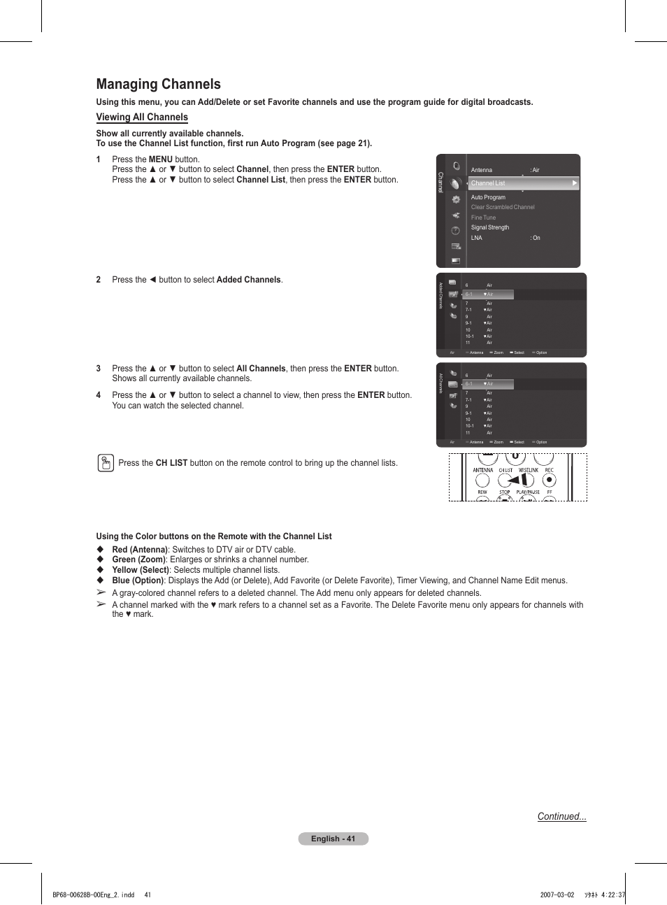 Managing channels, Viewing all channels, Continued | Samsung HLT6189SAX-XAA User Manual | Page 41 / 271