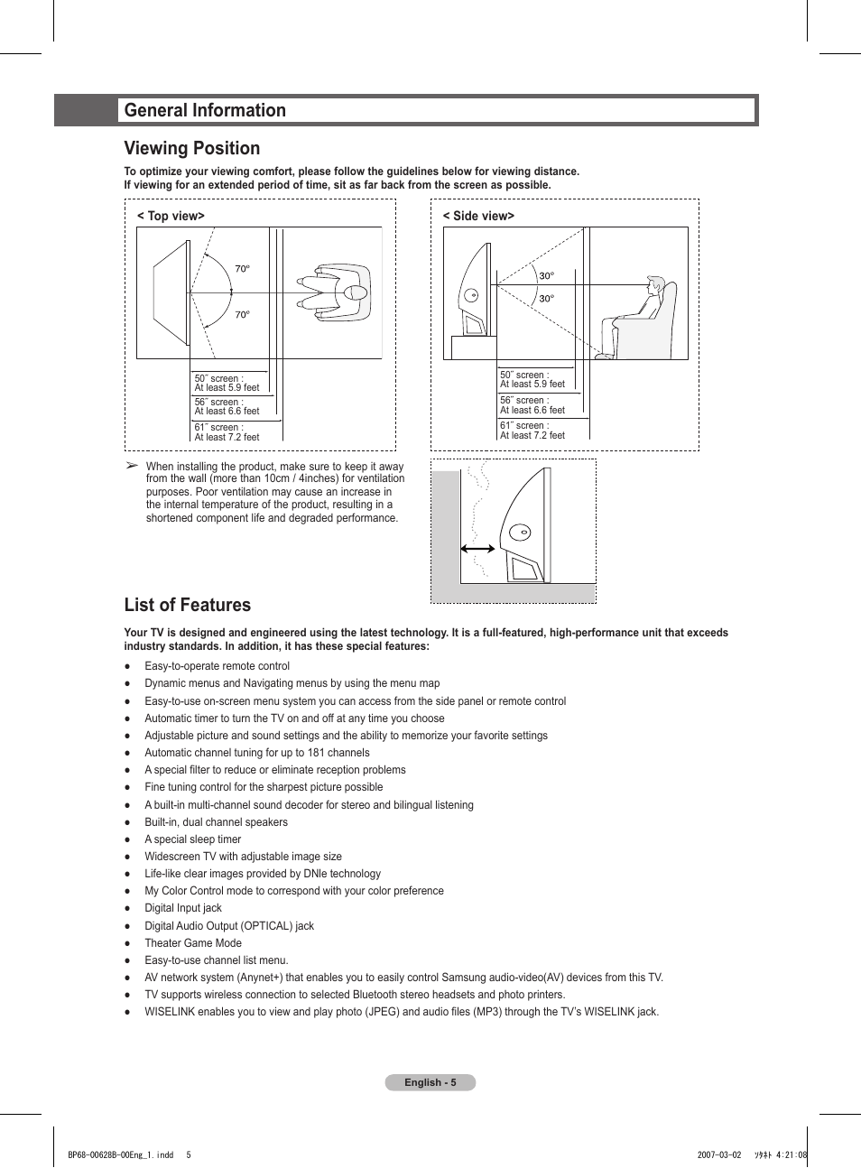 General information, Viewing position, List of features | General information viewing position | Samsung HLT6189SAX-XAA User Manual | Page 5 / 271
