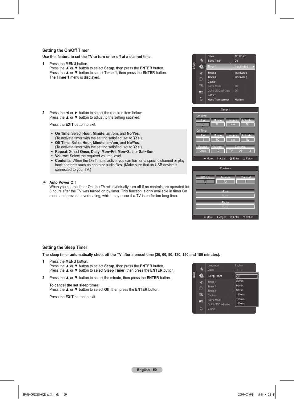 Setting the on/off timer, Setting the sleep timer | Samsung HLT6189SAX-XAA User Manual | Page 50 / 271