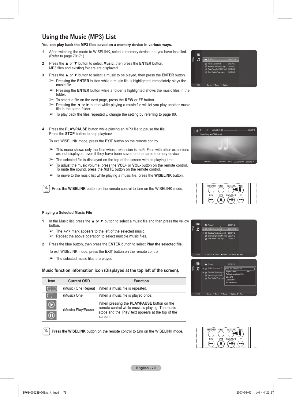 Using the music (mp3) list, The selected music files are played | Samsung HLT6189SAX-XAA User Manual | Page 79 / 271