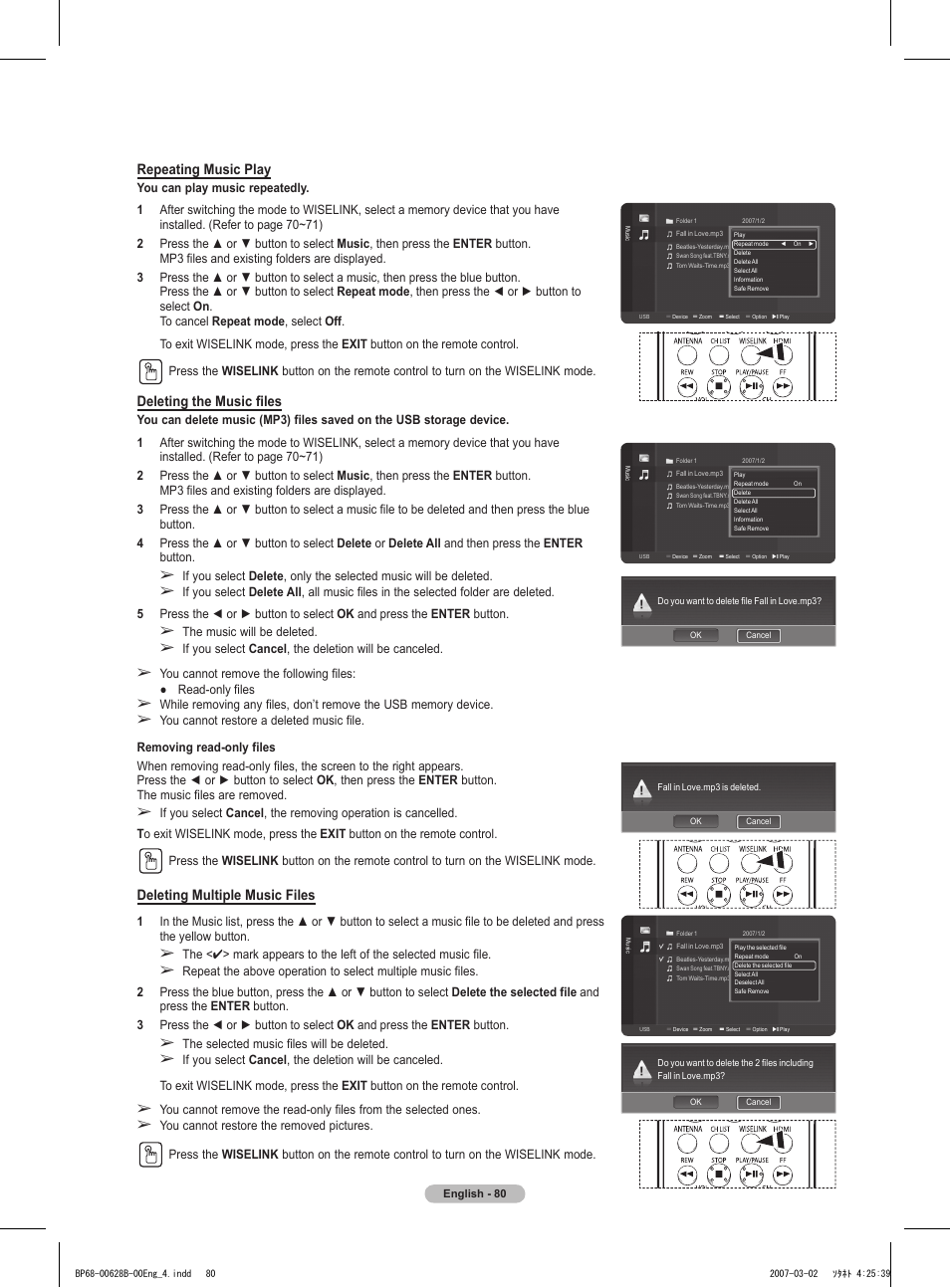 Repeating music play, Deleting the music files, Deleting multiple music files | Samsung HLT6189SAX-XAA User Manual | Page 80 / 271