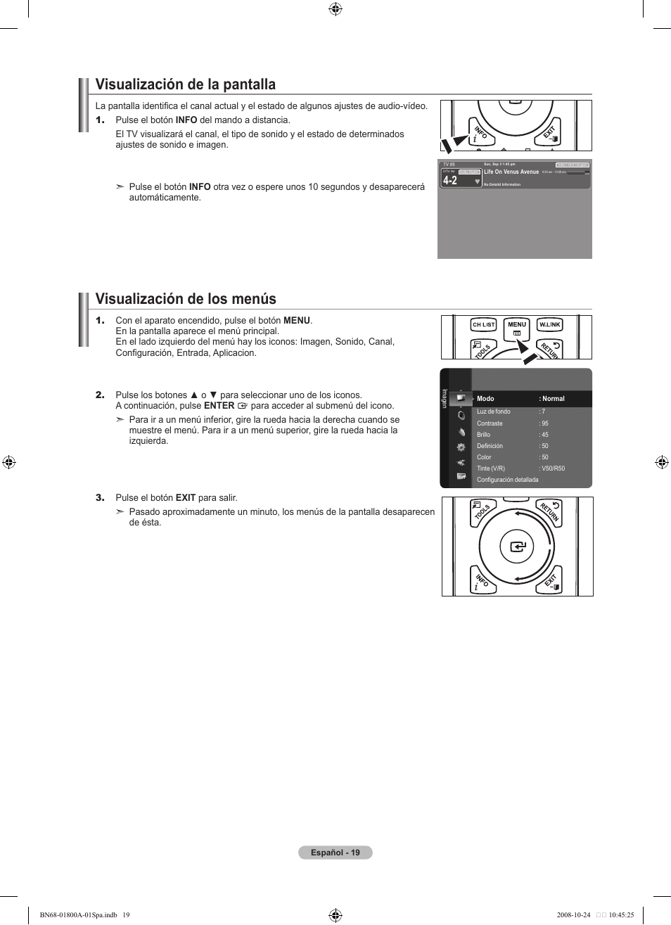Visualización de la pantalla, Visualización de los menús | Samsung LN32A620A1FXZA User Manual | Page 157 / 263