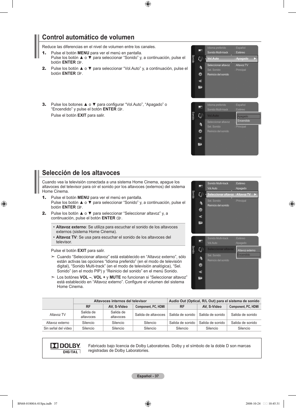 Control automático de volumen, Selección de los altavoces | Samsung LN32A620A1FXZA User Manual | Page 175 / 263