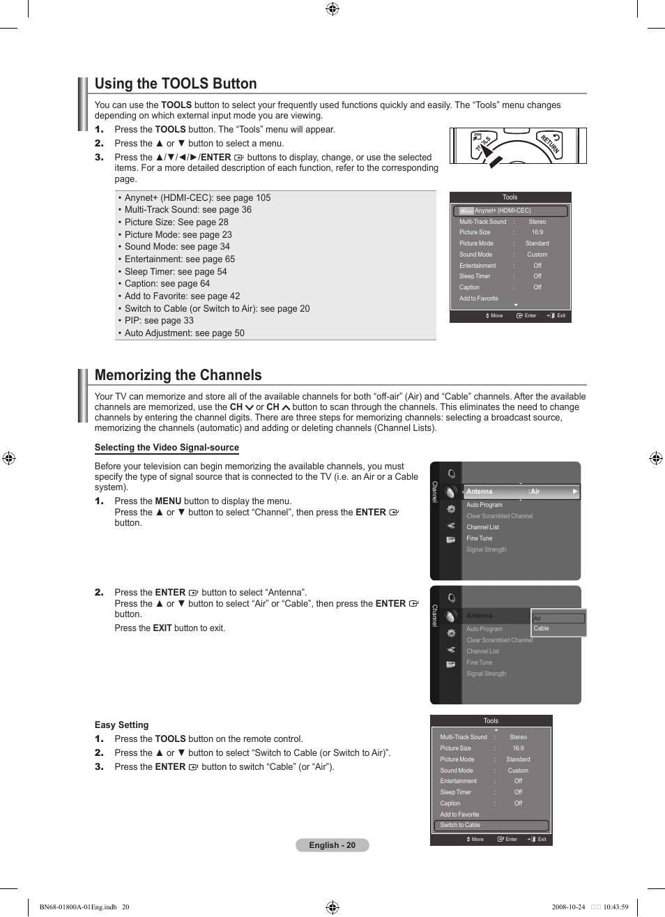 Using the tools button, Memorizing the channels | Samsung LN32A620A1FXZA User Manual | Page 22 / 263
