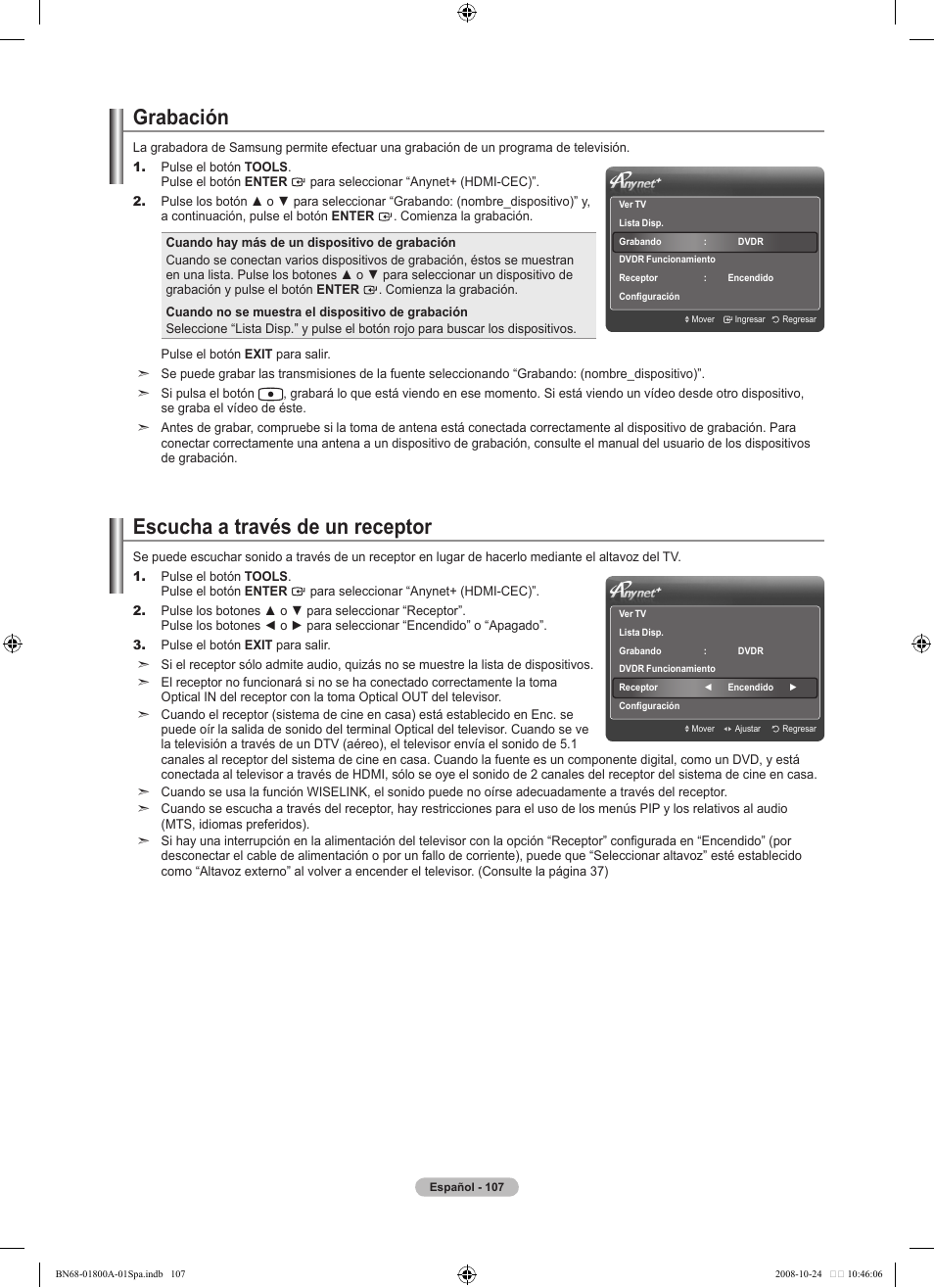 Grabación, Escucha a través de un receptor | Samsung LN32A620A1FXZA User Manual | Page 245 / 263