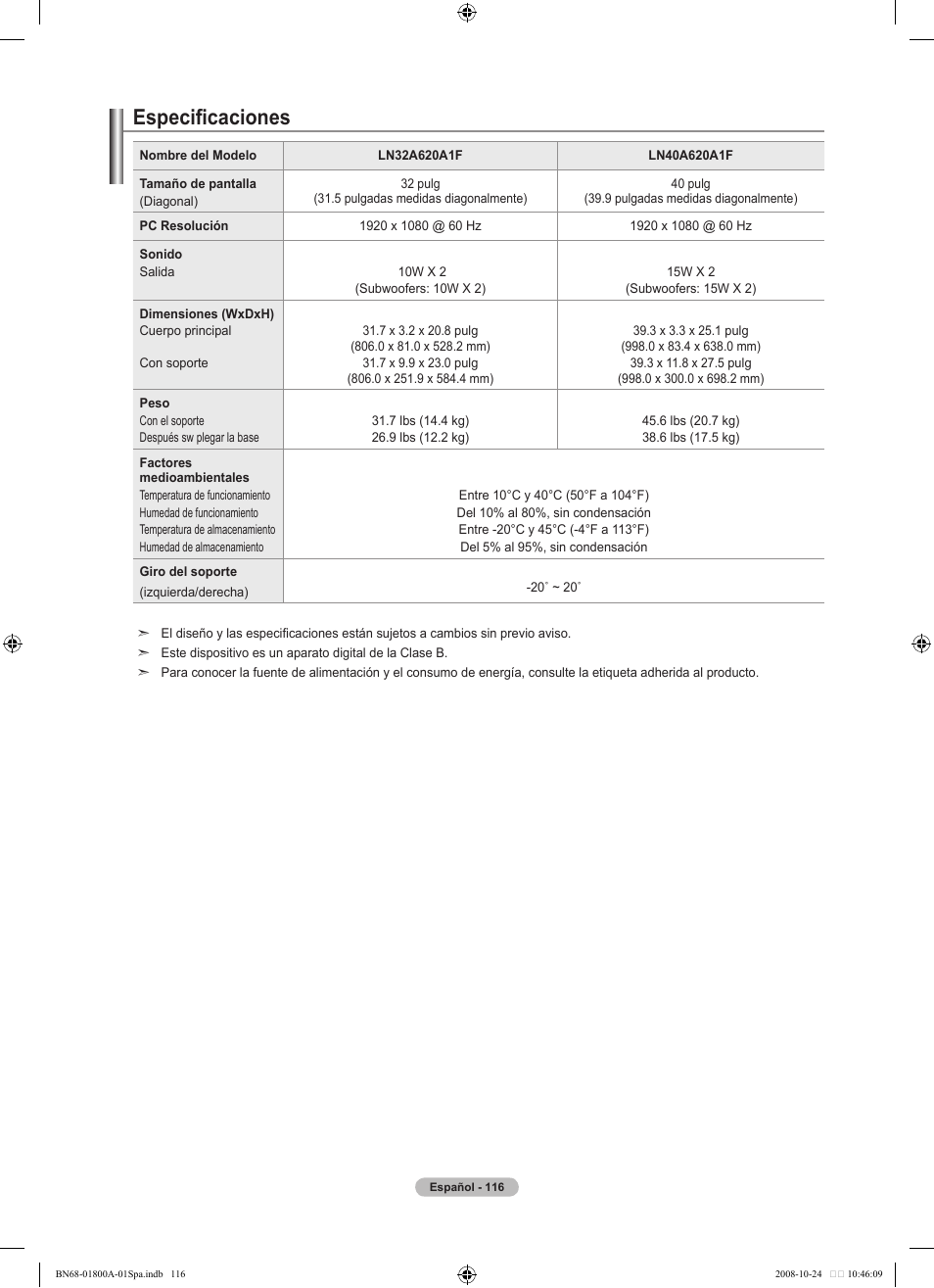 Especificaciones | Samsung LN32A620A1FXZA User Manual | Page 254 / 263