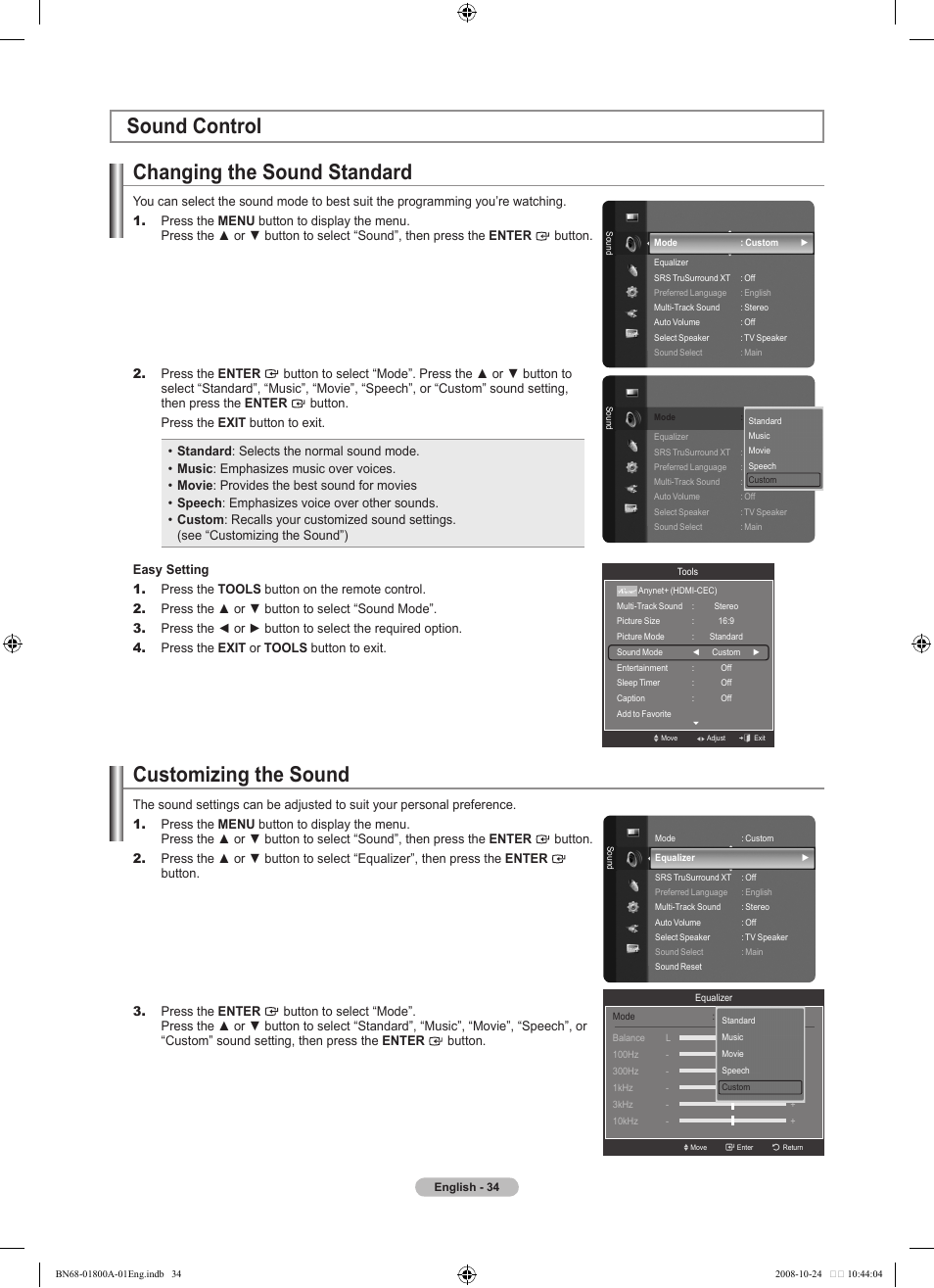 Sound control, Changing the sound standard, Customizing the sound | Sound control changing the sound standard | Samsung LN32A620A1FXZA User Manual | Page 36 / 263