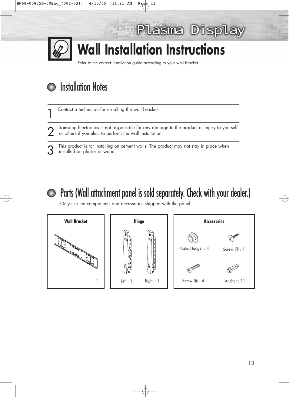 Wall installation instructions | Samsung SPR4212X-XAC User Manual | Page 13 / 144