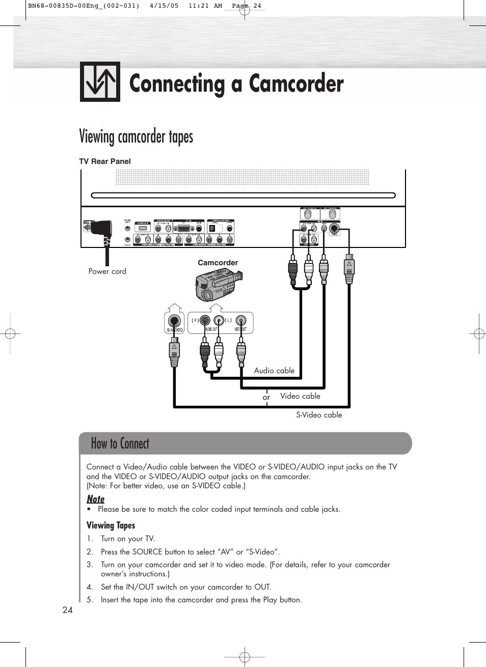 Connecting a camcorder, Viewing camcorder tapes, How to connect | Samsung SPR4212X-XAC User Manual | Page 24 / 144