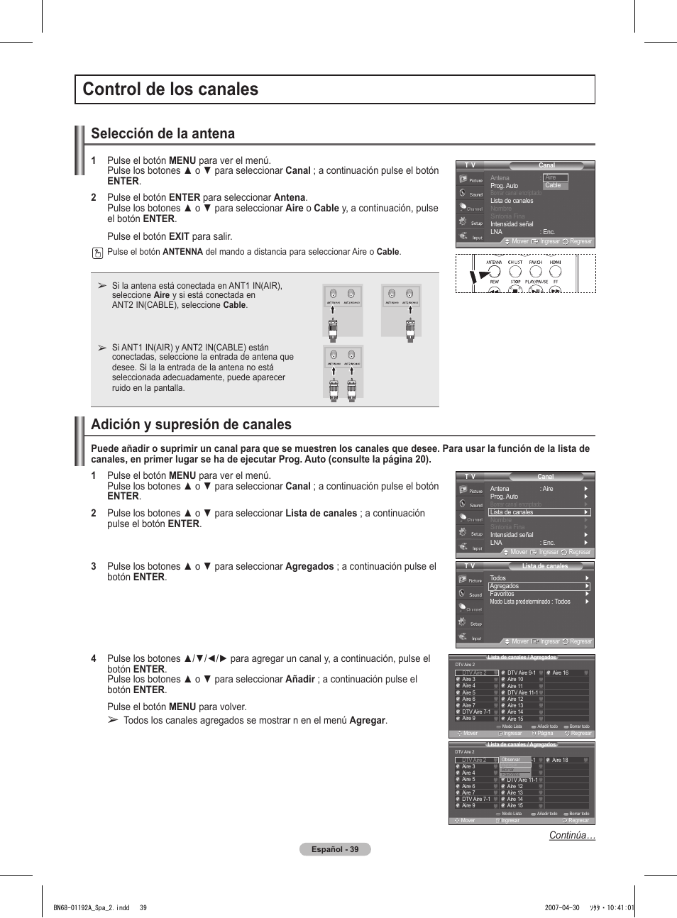 Control de los canales, Selección de la antena, Adición y supresión de canales | Continúa | Samsung HPT4234X-XAA User Manual | Page 107 / 136