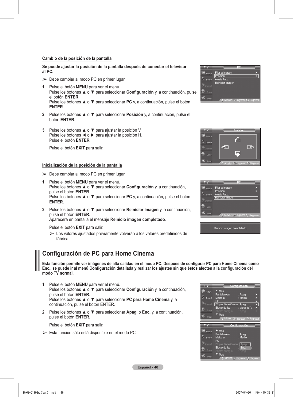 Configuración de pc para home cinema | Samsung HPT4234X-XAA User Manual | Page 114 / 136