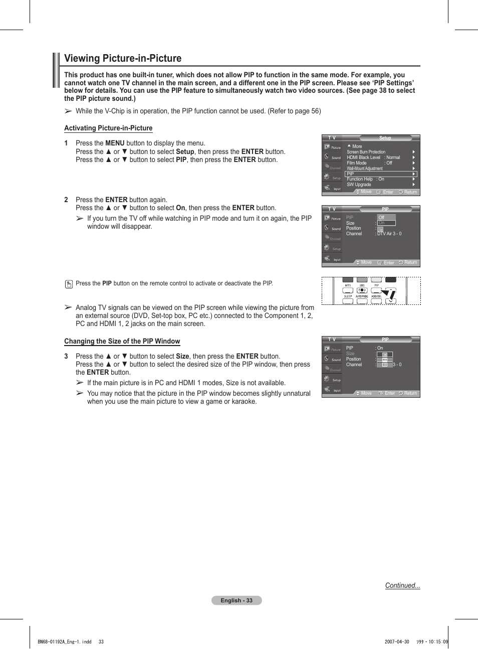 Viewing picture-in-picture | Samsung HPT4234X-XAA User Manual | Page 33 / 136