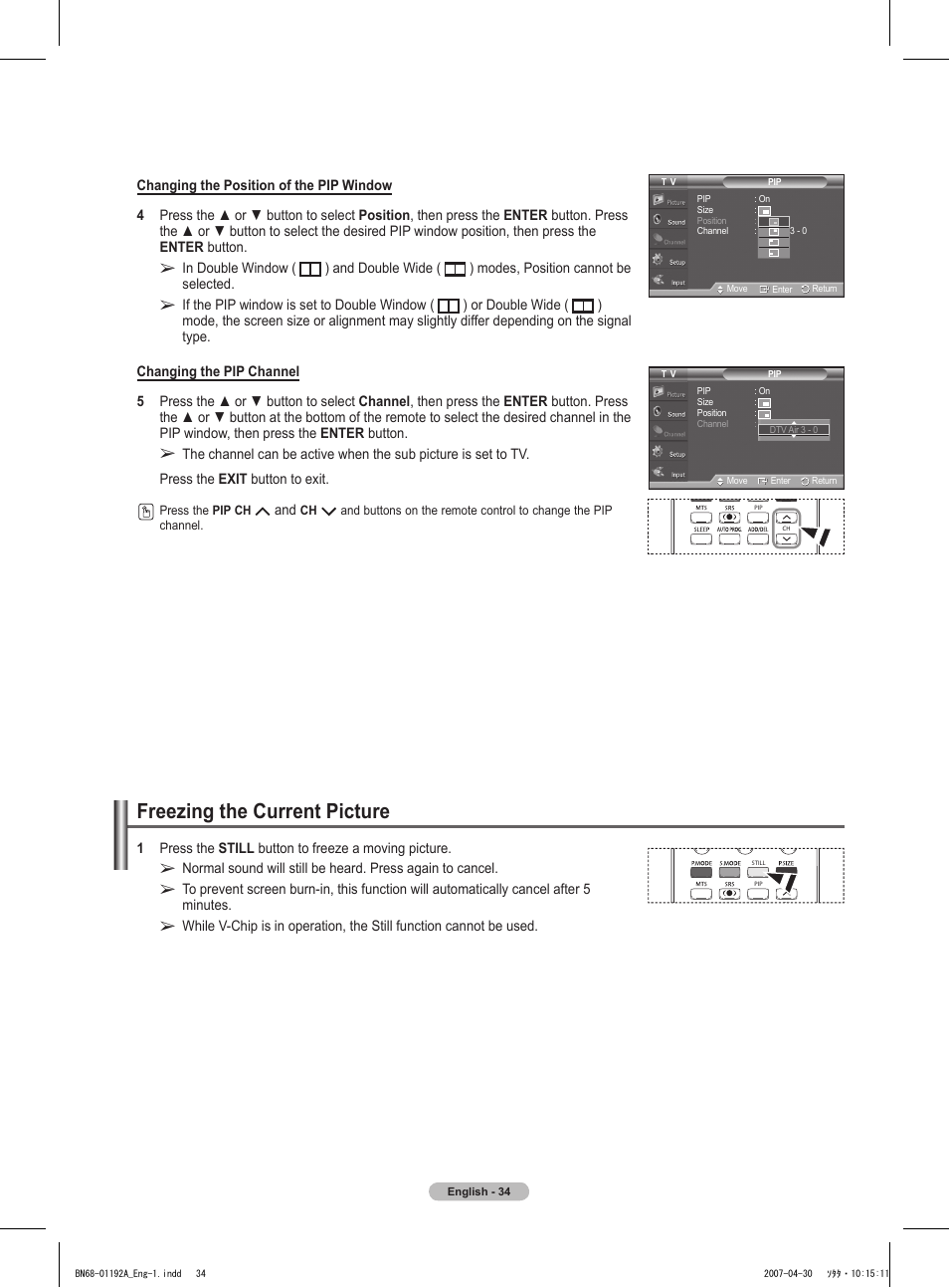 Freezing the current picture | Samsung HPT4234X-XAA User Manual | Page 34 / 136