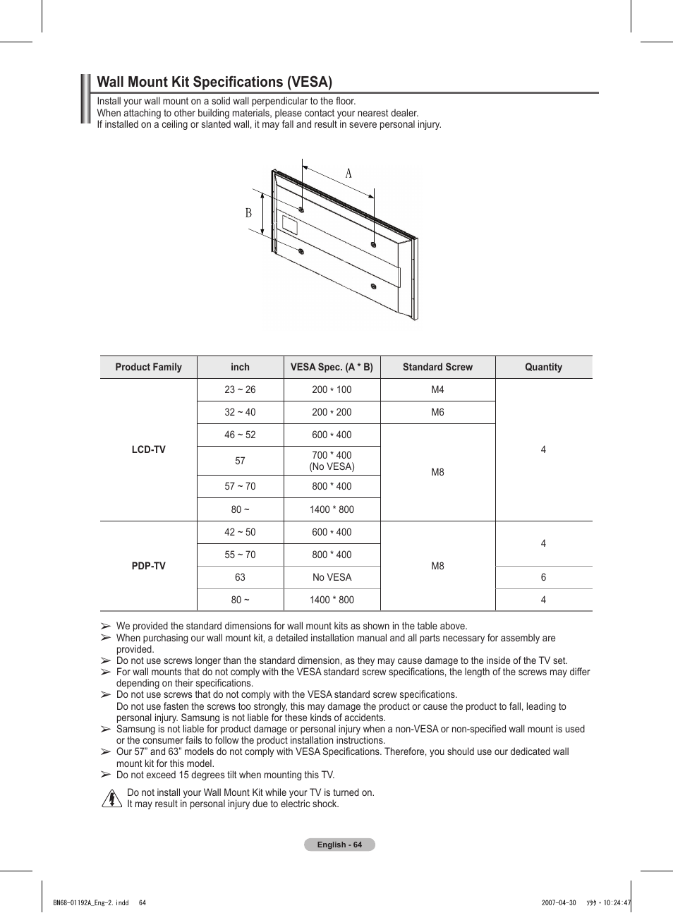 Wall mount kit specifications (vesa) | Samsung HPT4234X-XAA User Manual | Page 64 / 136