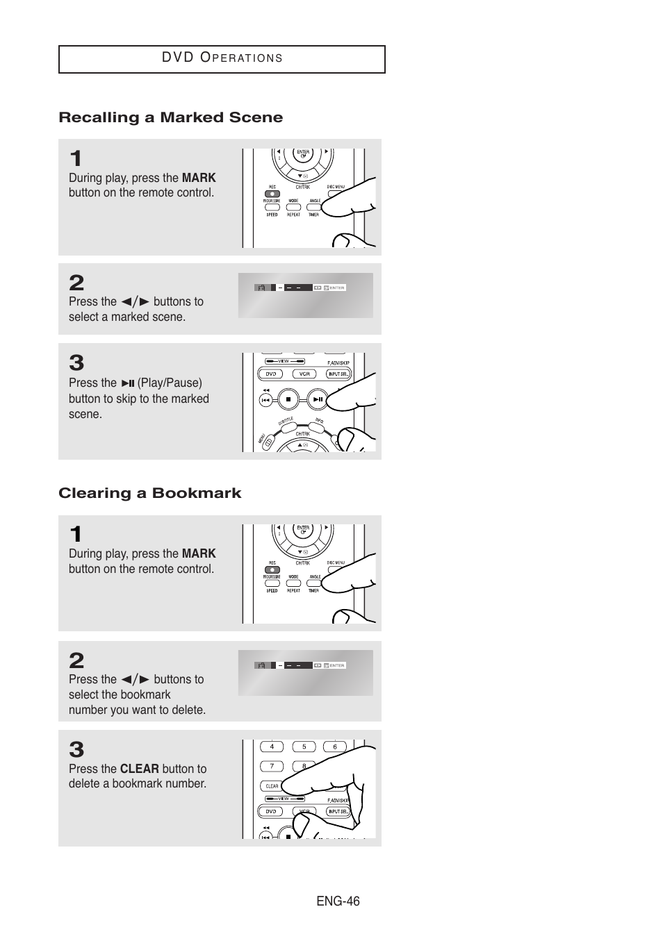 Recalling a marked scene, Clearing a bookmark | Samsung DVD-V5500-XAA User Manual | Page 46 / 86