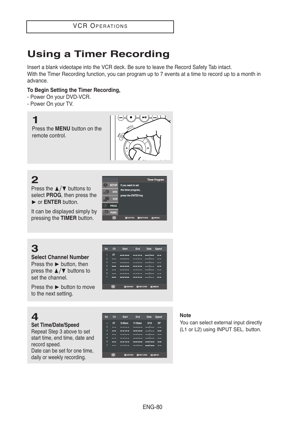 Using a timer recording, V c r o, Eng-80 | Press the menu button on the remote control | Samsung DVD-V5500-XAA User Manual | Page 80 / 86