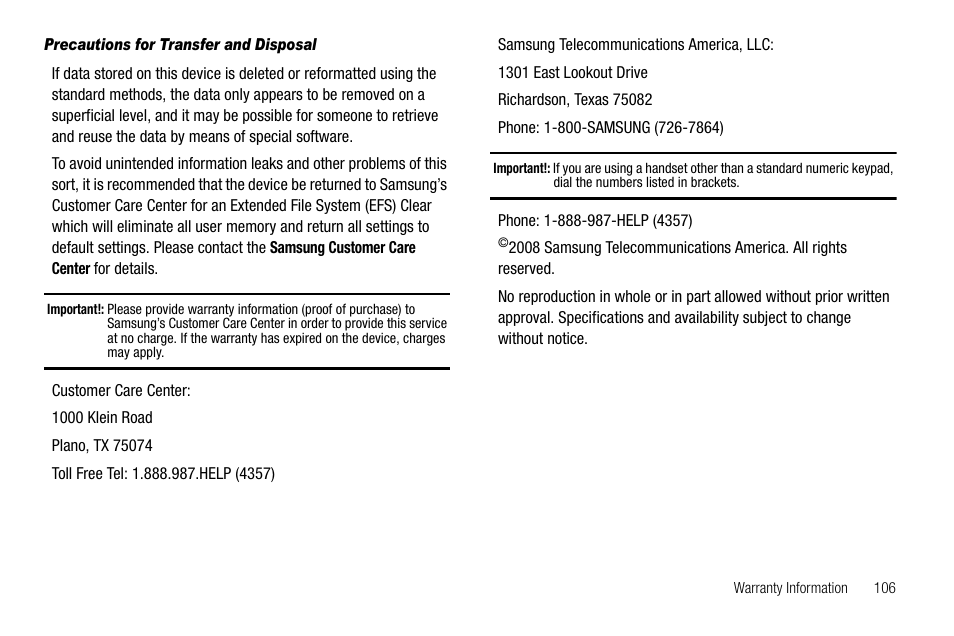Precautions for transfer and disposal | Samsung SCH-R210LSAUSC User Manual | Page 109 / 112