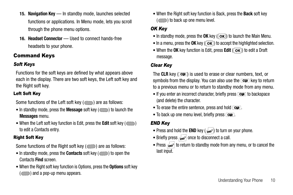 Command keys, Soft keys, Left soft key | Right soft key, Ok key, Clear key, End key | Samsung SCH-R210LSAUSC User Manual | Page 13 / 112