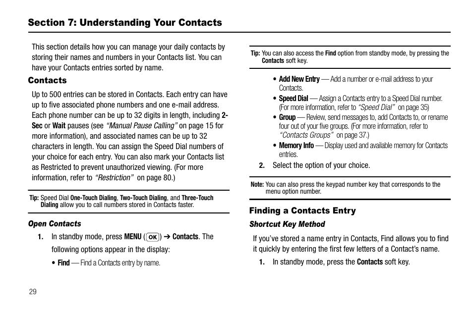 Section 7: understanding your contacts, Contacts, Open contacts | Finding a contacts entry, Shortcut key method, Section 6: understanding your contacts, Contacts finding a contacts entry | Samsung SCH-R210LSAUSC User Manual | Page 32 / 112