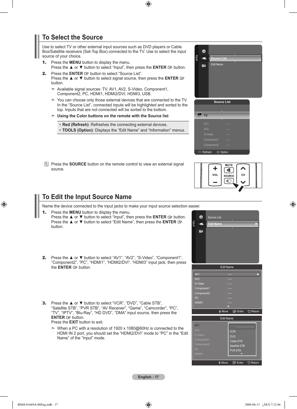 To select the source, To edit the input source name | Samsung LN40A630M1FXZA User Manual | Page 19 / 107