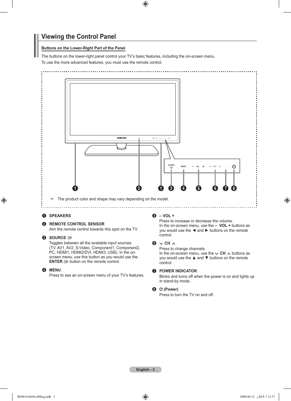 Viewing the control panel | Samsung LN40A630M1FXZA User Manual | Page 5 / 107