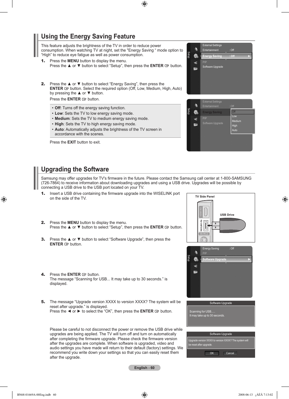 Using the energy saving feature, Upgrading the software | Samsung LN40A630M1FXZA User Manual | Page 62 / 107