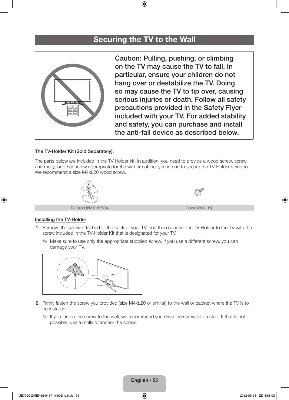 Securing the tv to the wall | Samsung UN60ES7550FXZA User Manual | Page 55 / 64
