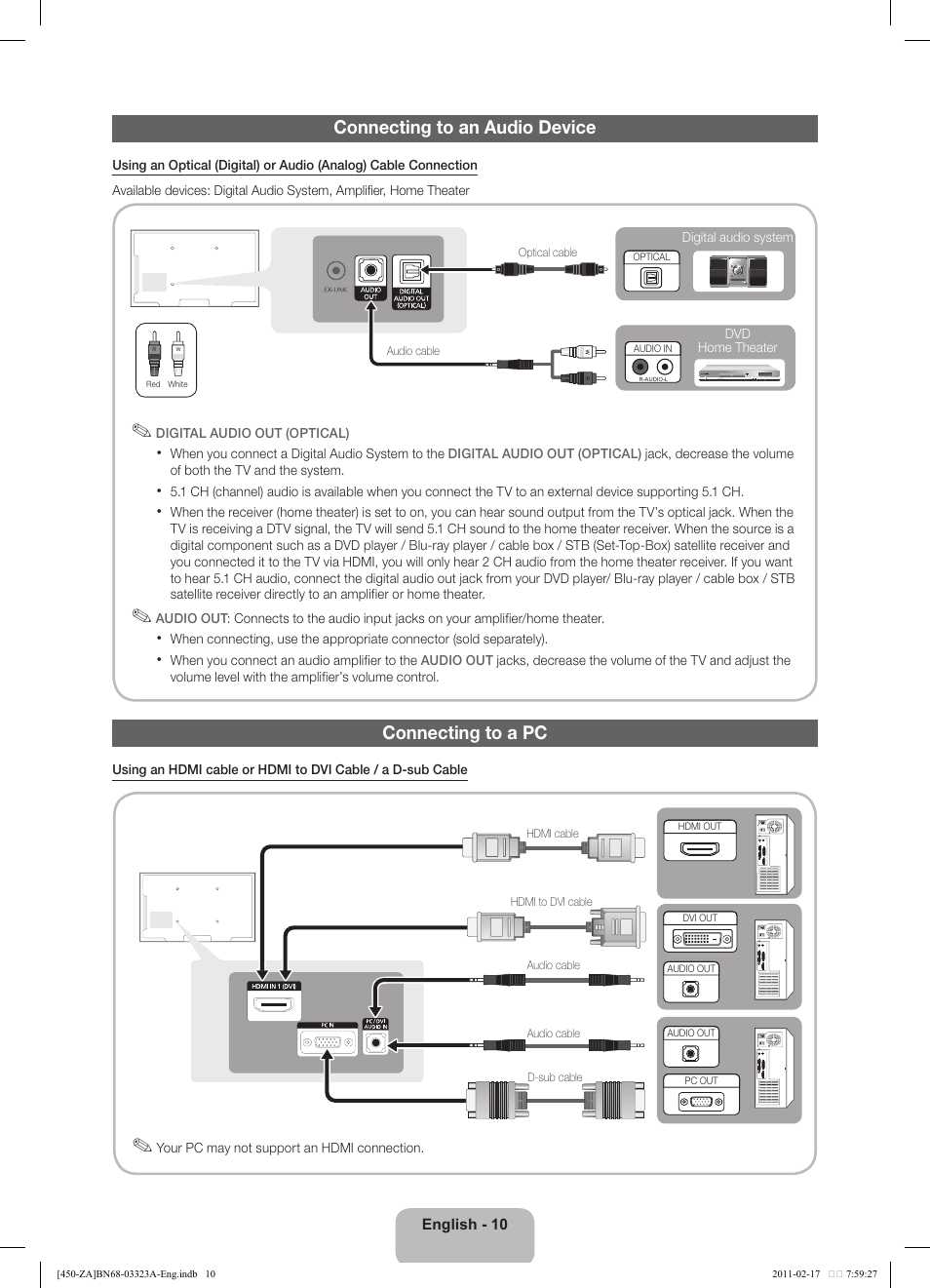 Connecting to an audio device, Connecting to a pc, English - 10 | Samsung LN32D430G3DXZA User Manual | Page 10 / 19