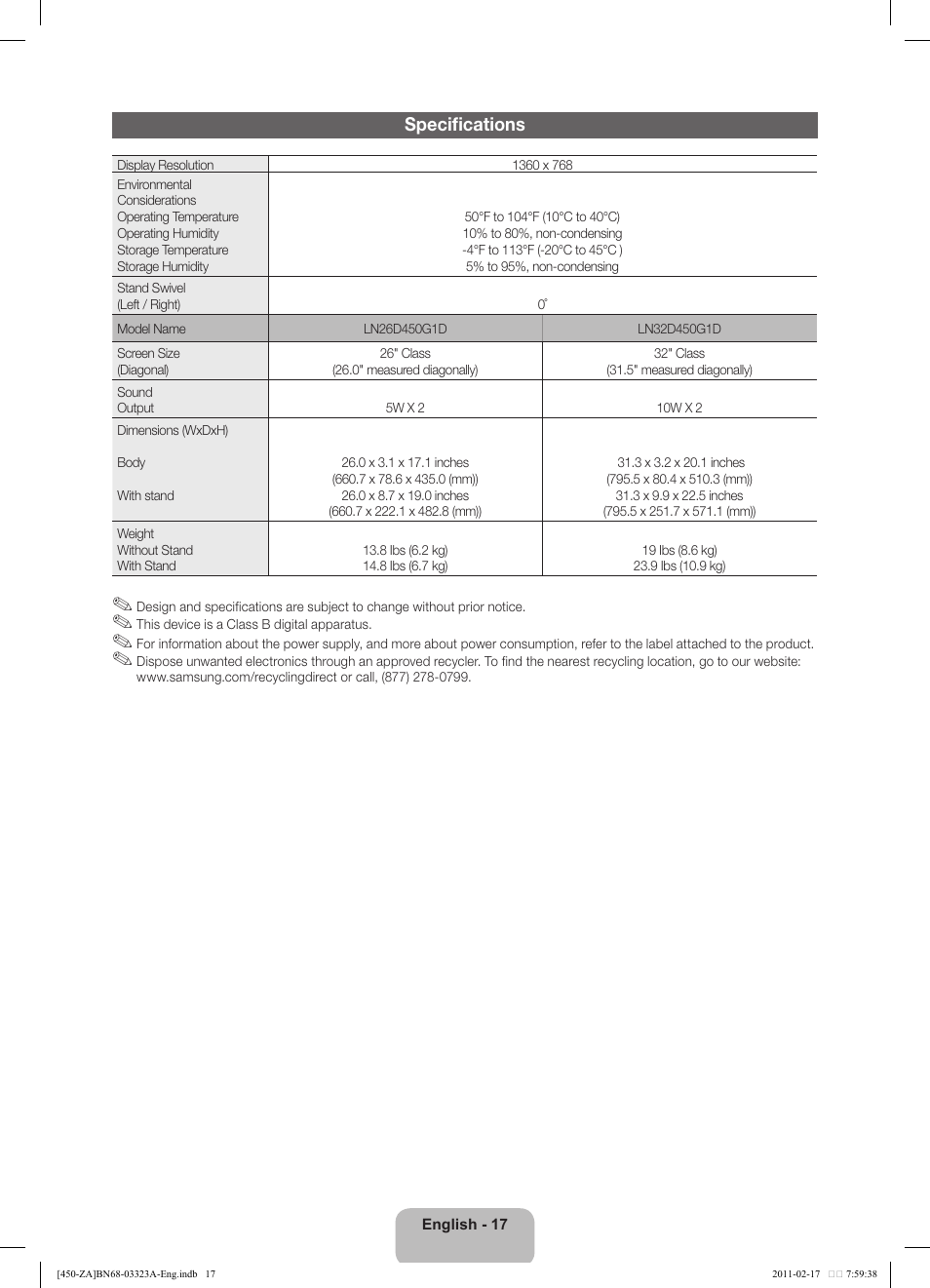 Specifications | Samsung LN32D430G3DXZA User Manual | Page 17 / 19