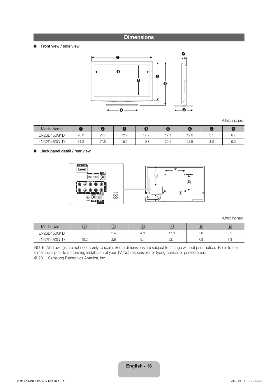 Dimensions | Samsung LN32D430G3DXZA User Manual | Page 18 / 19