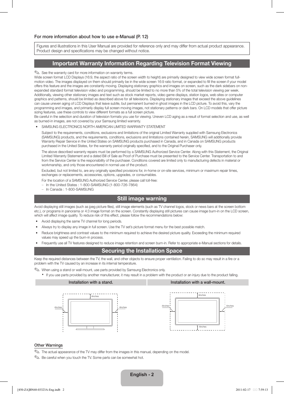Still image warning, Securing the installation space | Samsung LN32D430G3DXZA User Manual | Page 2 / 19