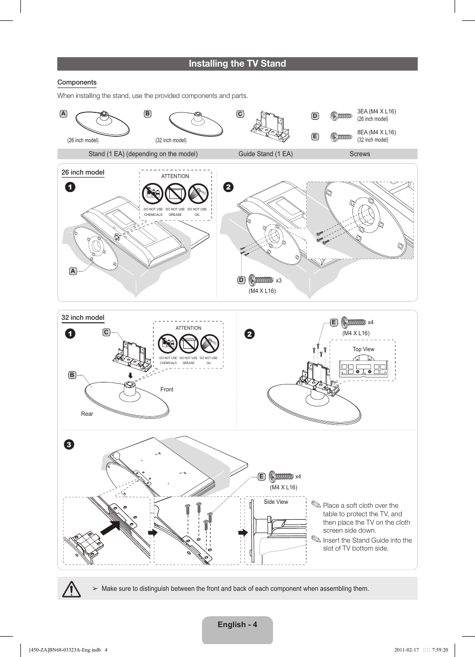 Installing the tv stand | Samsung LN32D430G3DXZA User Manual | Page 4 / 19