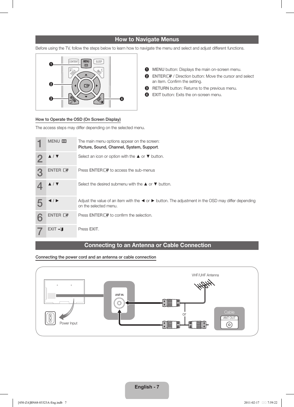 How to navigate menus, Connecting to an antenna or cable connection | Samsung LN32D430G3DXZA User Manual | Page 7 / 19