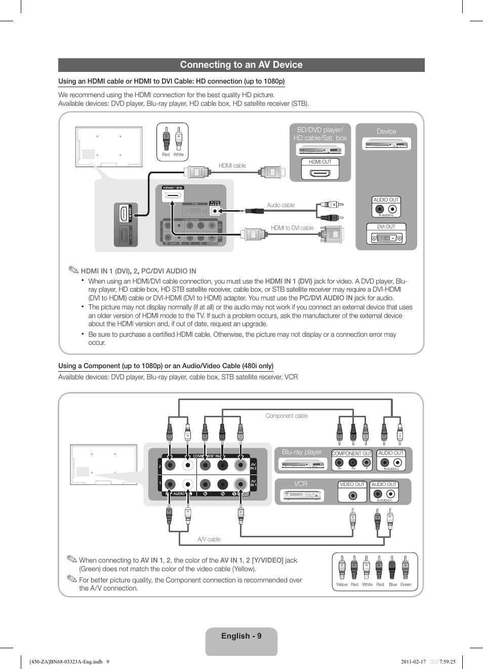 Connecting to an av device, English - 9, Hdmi in 1 (dvi) , 2 , pc/dvi audio in | Blu-ray player, Device, Bd/dvd player/ hd cable/sat. box | Samsung LN32D430G3DXZA User Manual | Page 9 / 19