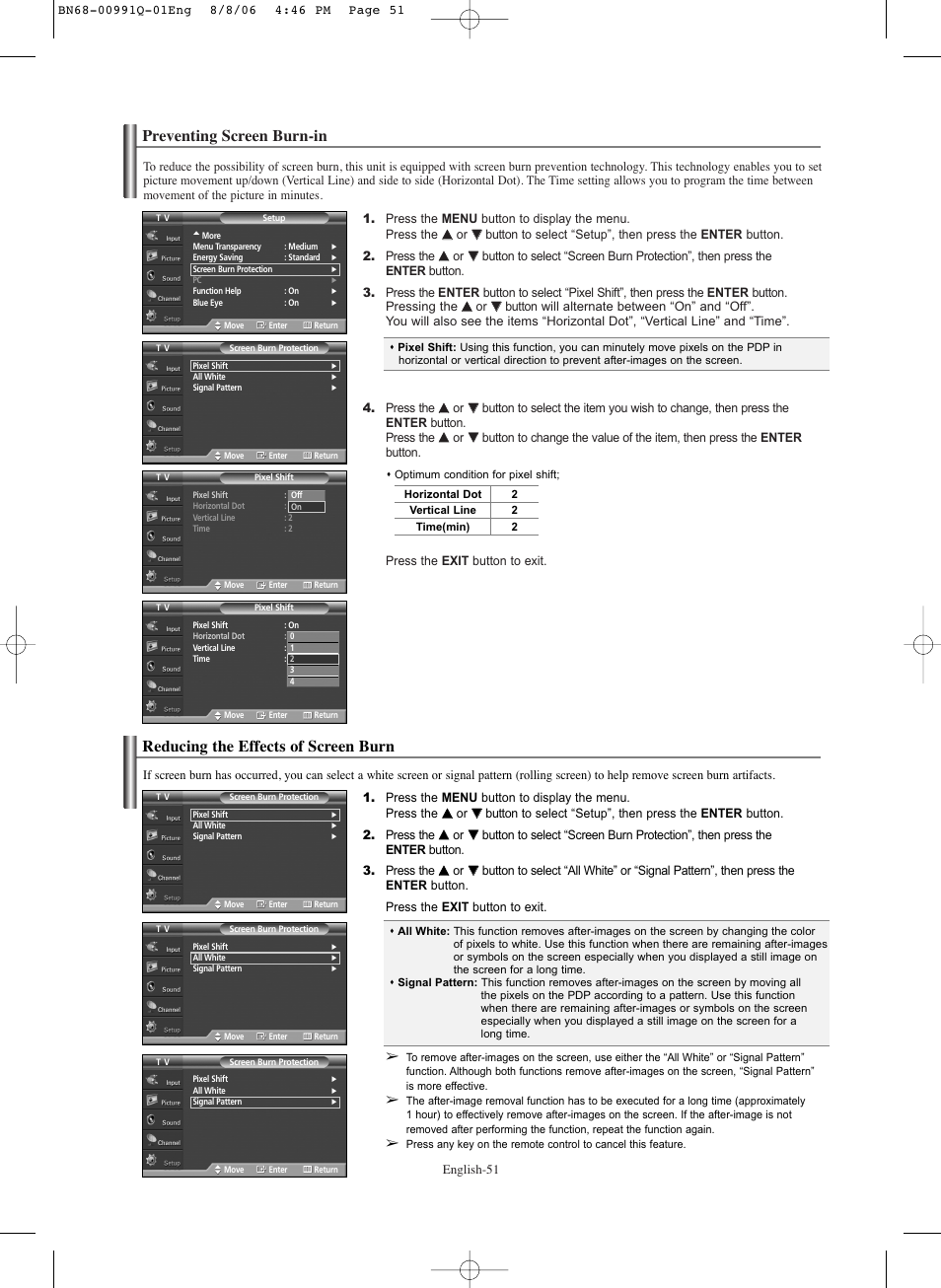 Preventing screen burn-in, Reducing the effects of screen burn | Samsung HPS6373X-XAA User Manual | Page 51 / 64