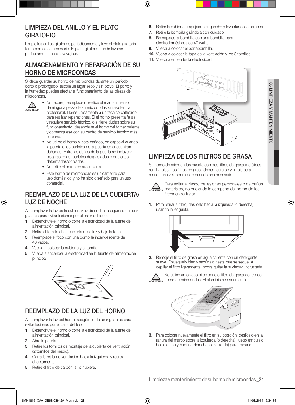 Limpieza de los filtros de grasa, Limpieza del anillo y el plato giratorio, Reemplazo de la luz de la cubierta/ luz de noche | Reemplazo de la luz del horno | Samsung SMH1816W-XAA User Manual | Page 47 / 52
