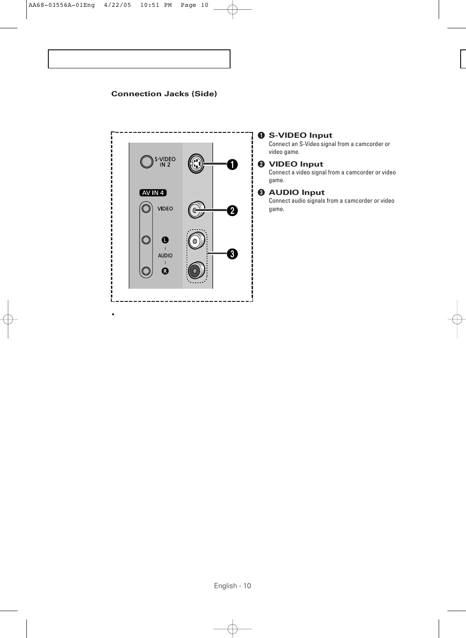 Connection jacks (side) | Samsung TXR3079WHKXXAC User Manual | Page 10 / 80