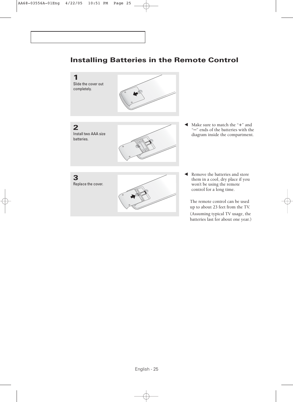 Installing batteries in the remote control | Samsung TXR3079WHKXXAC User Manual | Page 25 / 80
