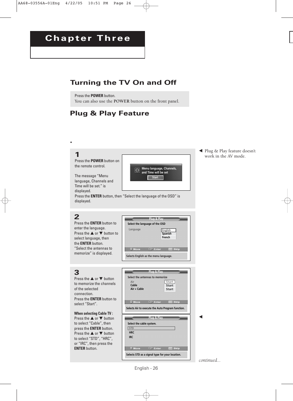 Chapter 3 : operation, Turning the tv on and off, Plug & play feature | Samsung TXR3079WHKXXAC User Manual | Page 26 / 80