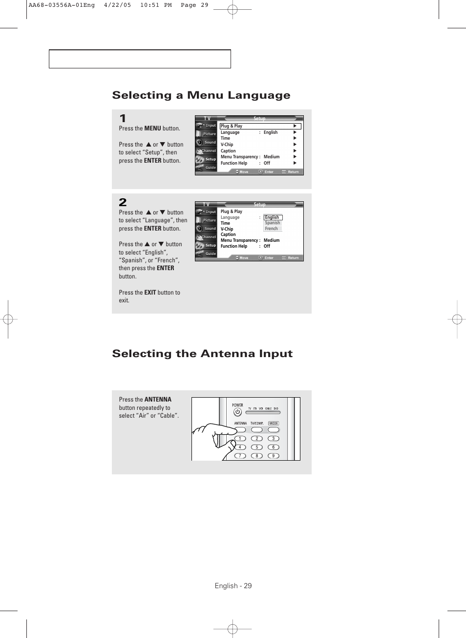 Selecting a menu language, Selecting the antenna input | Samsung TXR3079WHKXXAC User Manual | Page 29 / 80