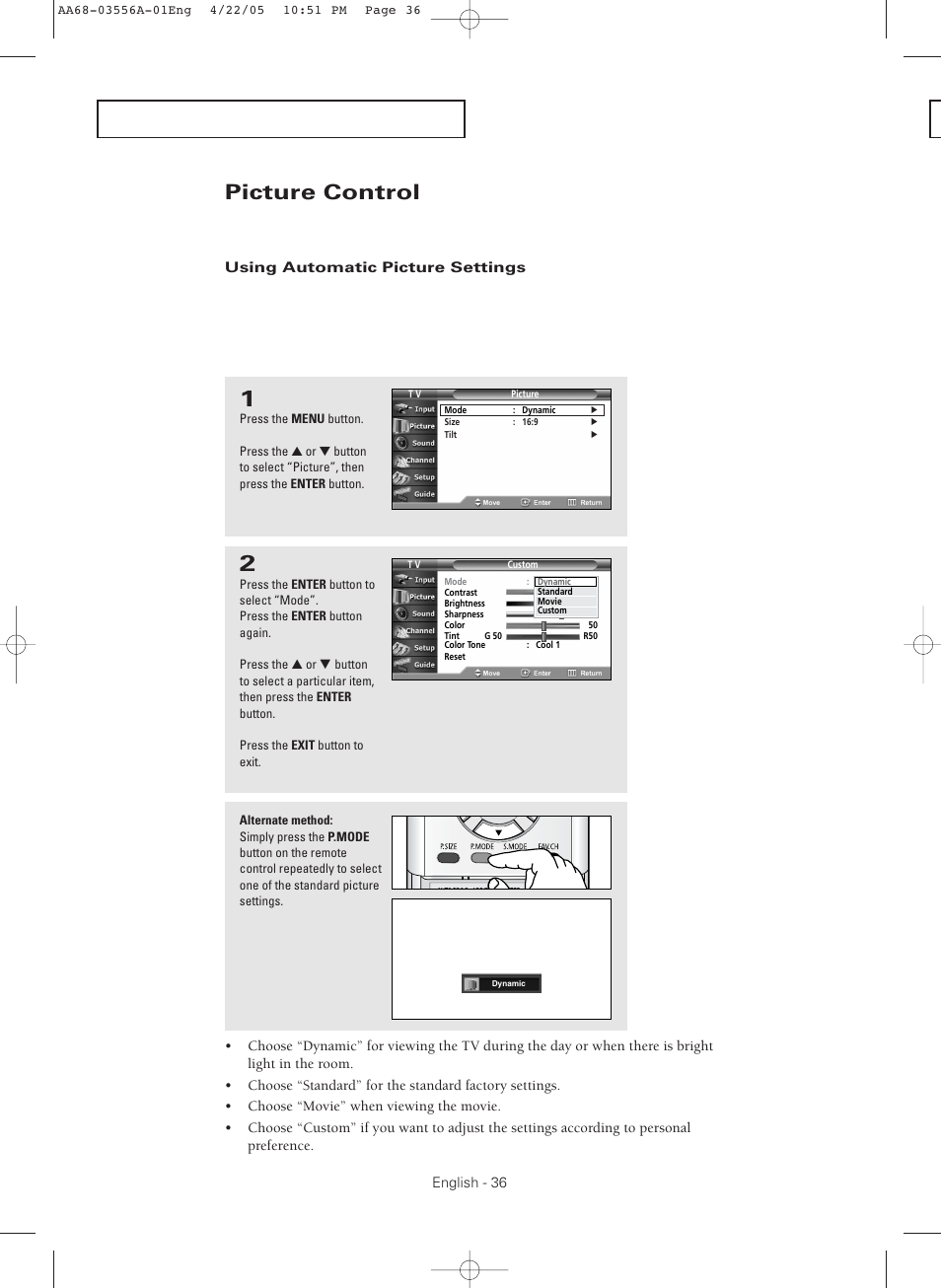Picture control, Using automatic picture settings | Samsung TXR3079WHKXXAC User Manual | Page 36 / 80