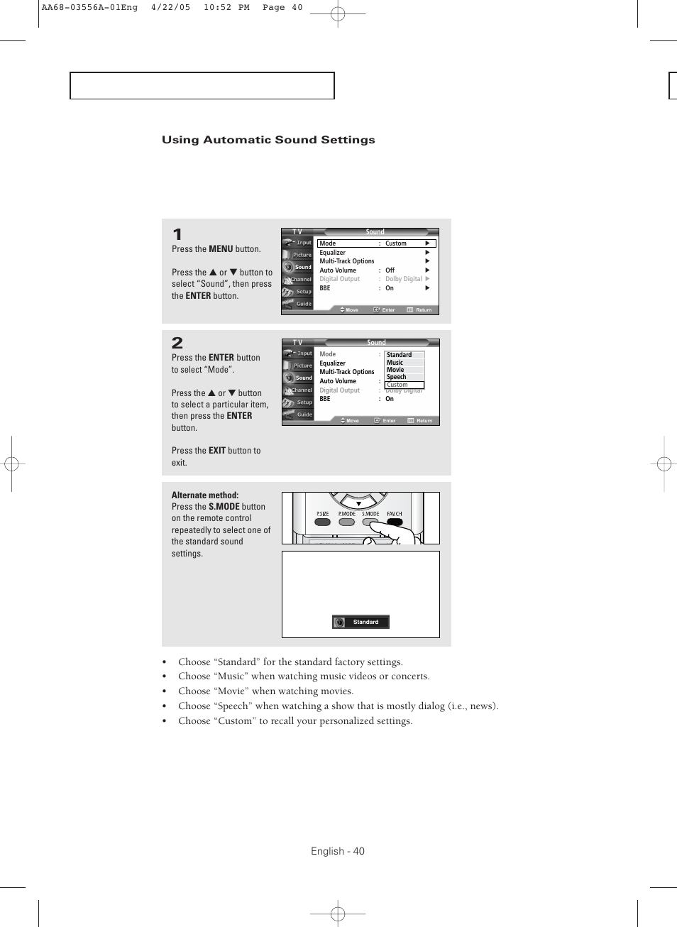 Using automatic sound settings | Samsung TXR3079WHKXXAC User Manual | Page 40 / 80