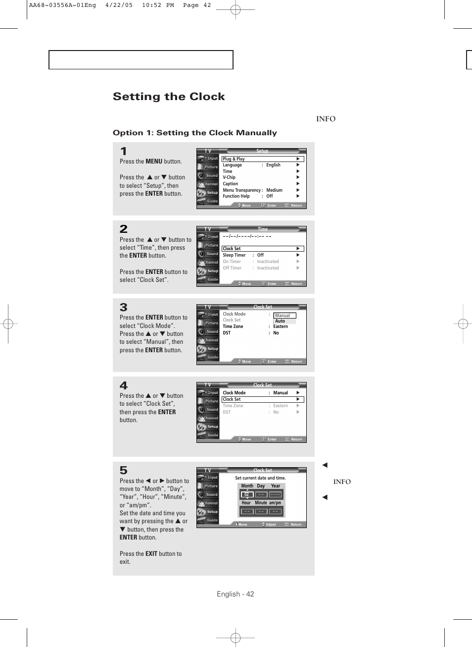 Setting the clock, Option 1: setting the clock manually | Samsung TXR3079WHKXXAC User Manual | Page 42 / 80