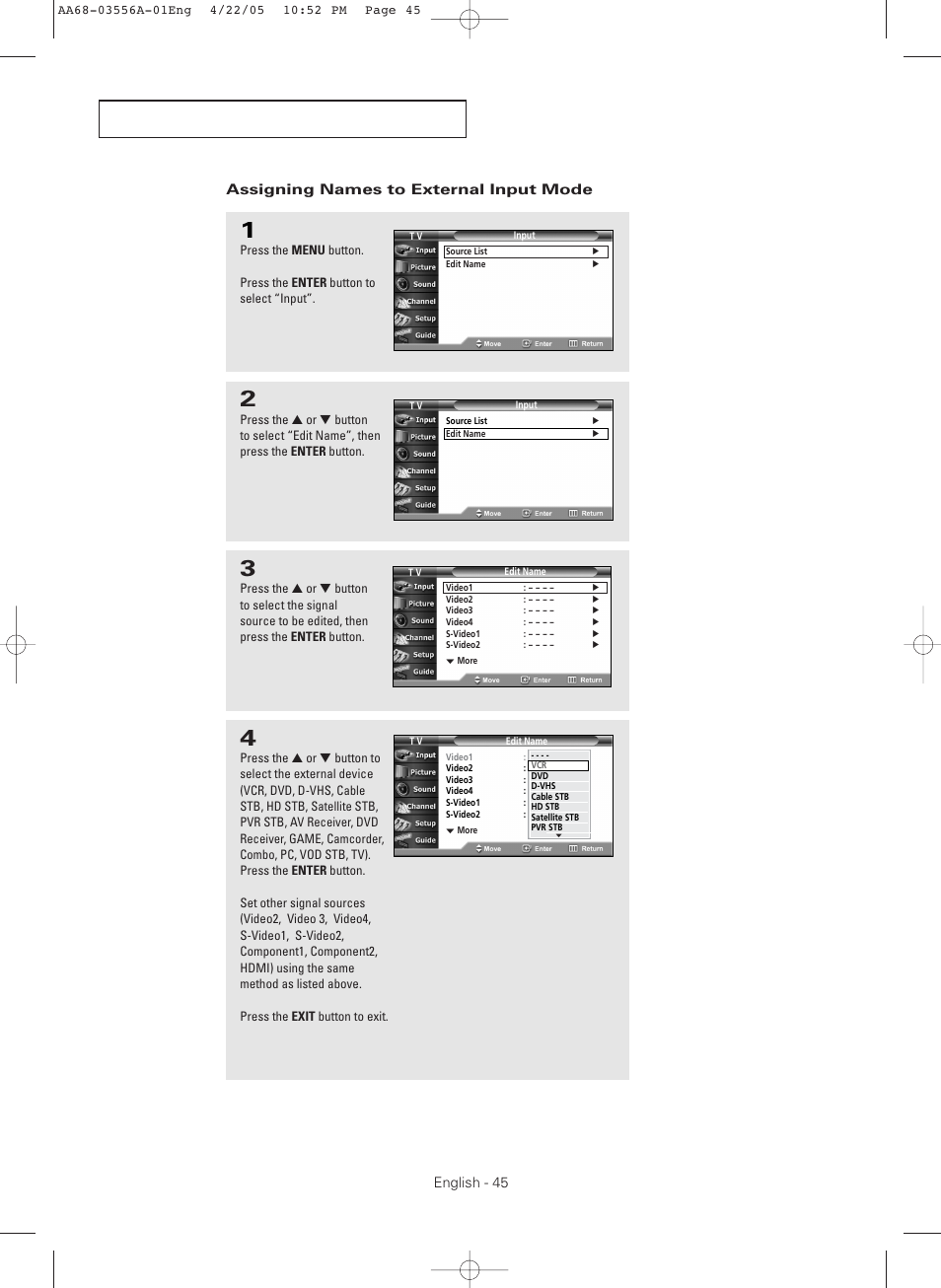 Assigning names to external input mode | Samsung TXR3079WHKXXAC User Manual | Page 45 / 80