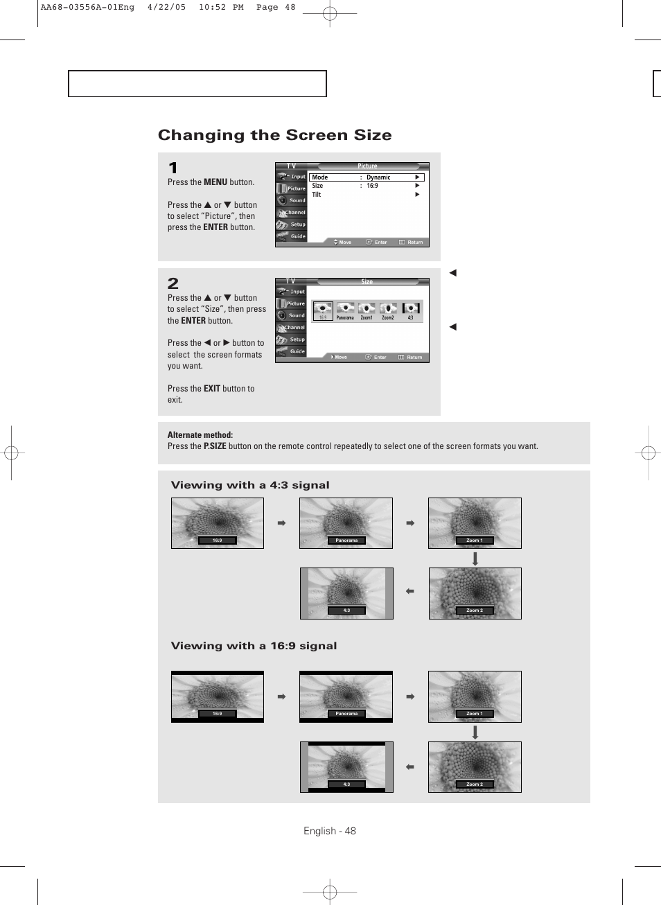 Changing the screen size | Samsung TXR3079WHKXXAC User Manual | Page 48 / 80