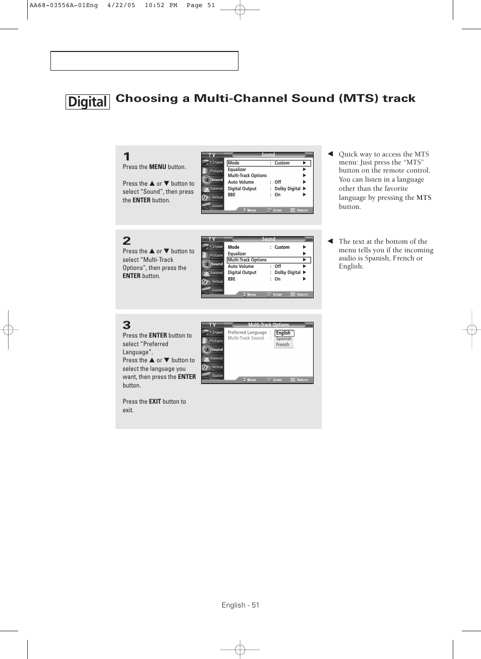 Choosing a multi-channel sound (mts) track, Digital | Samsung TXR3079WHKXXAC User Manual | Page 51 / 80