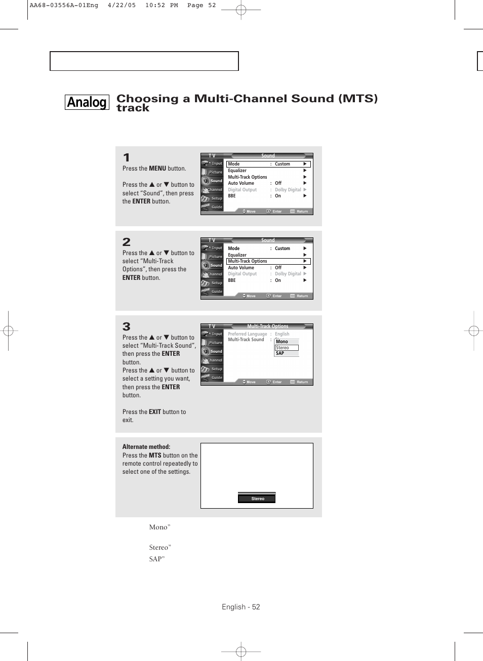 Choosing a multi-channel sound (mts) track, Analog | Samsung TXR3079WHKXXAC User Manual | Page 52 / 80